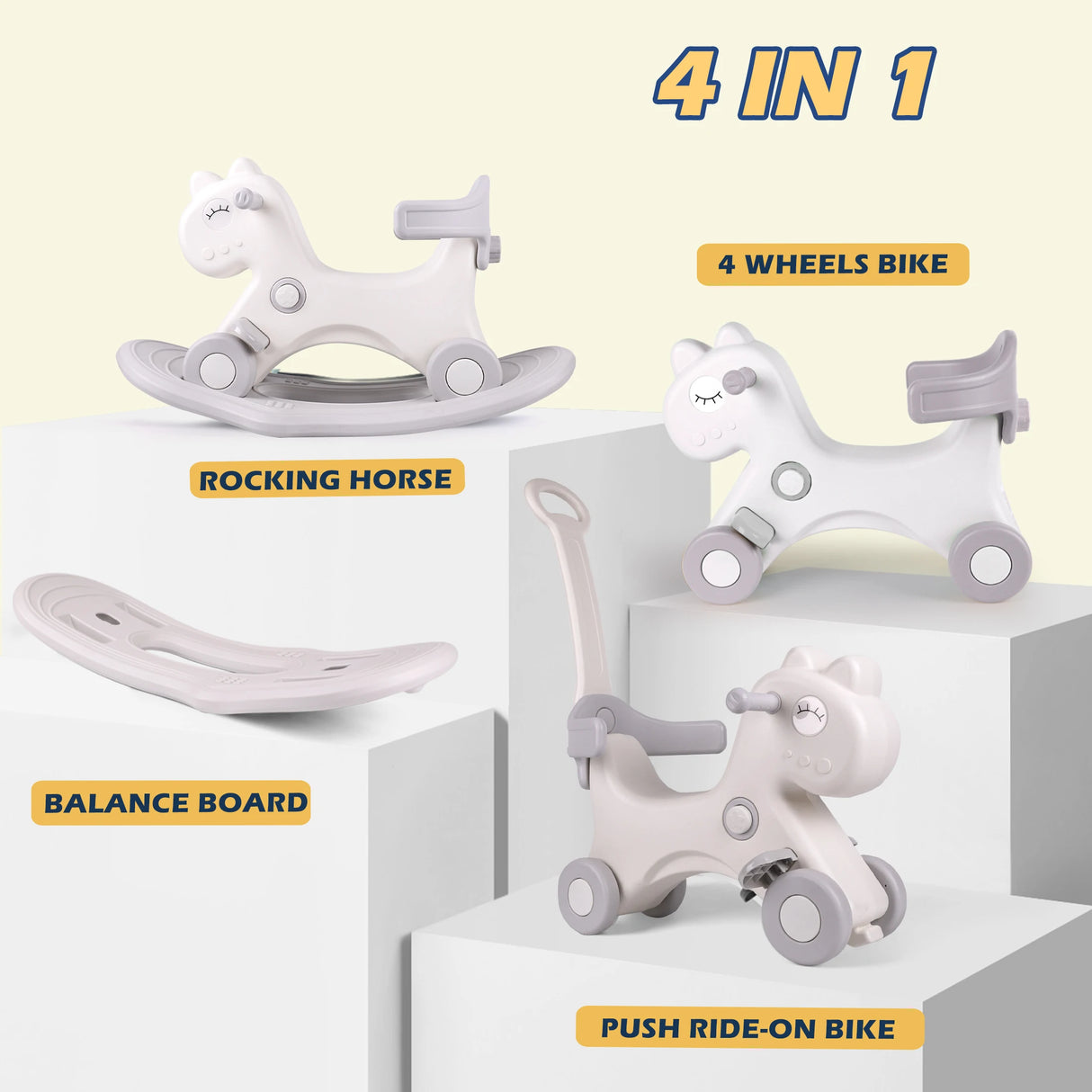 4-in-1 children's toy set including a rocking horse, balance board, and push bike on a light background.