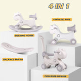 4-in-1 children's toy set including a rocking horse, balance board, and push bike on a light background.