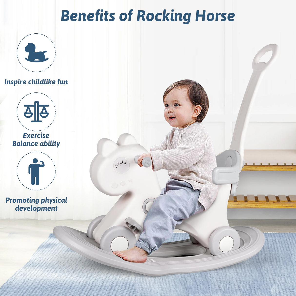Child sitting on a rocking horse with text highlighting benefits