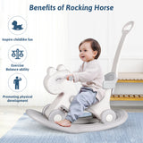 Child sitting on a rocking horse with text highlighting benefits