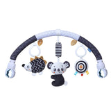 Baby crib mobile with hedgehog, panda, and fish design on a white background