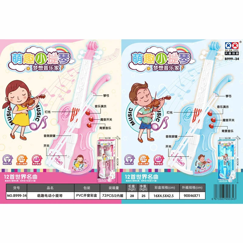 Children's toy violin set with packaging featuring cartoon characters and text.
