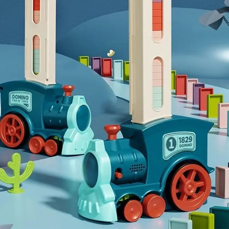 Toy train set with colorful blocks and a blue sky background