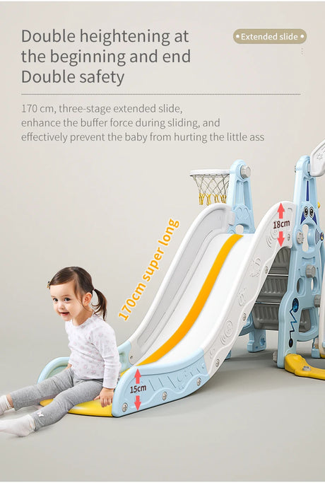 Child playing on a playground slide with text about its features.