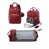 Red backpack with multiple compartments and accessories on a white background