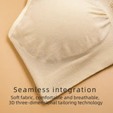 Beige bra with text highlighting seamless integration on a beige background