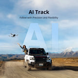 Person on a vehicle with a drone flying above, set against a mountainous landscape with 'AI Track' text.