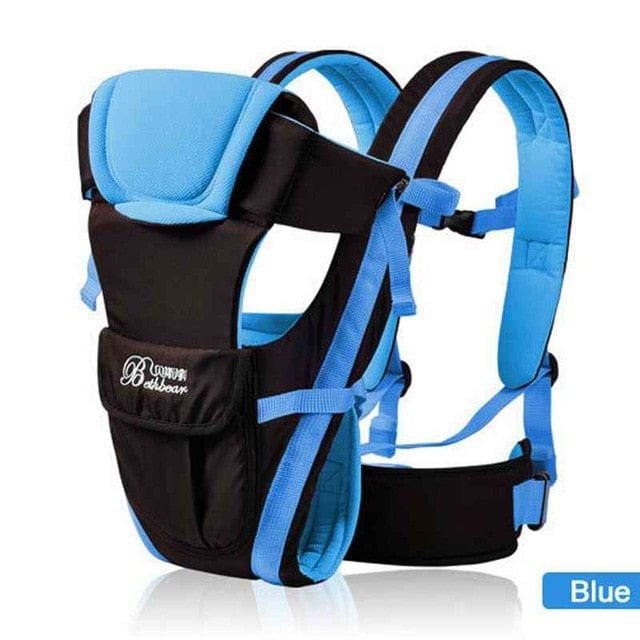Black and blue baby carrier with 'Babycarrier' branding 