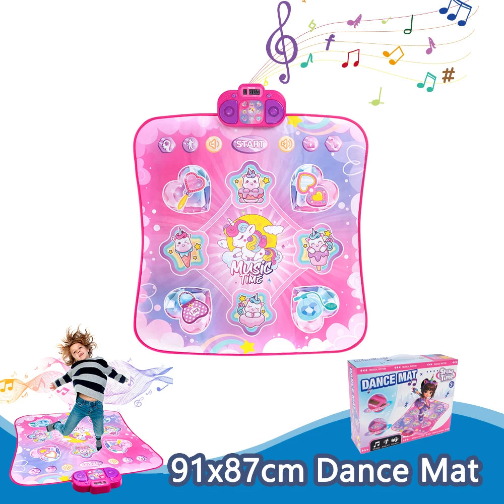 Pink children's dance mat with cartoon designs and music notes, featuring a child playing on it.