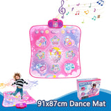 Pink children's dance mat with cartoon designs and music notes, featuring a child playing on it.