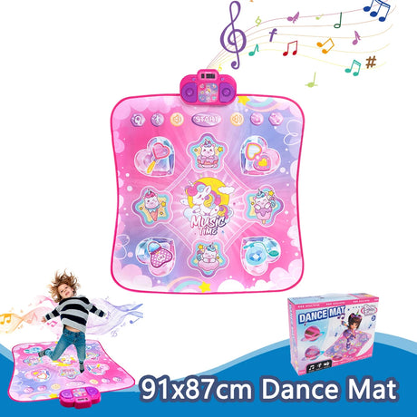 Pink children's dance mat with cartoon designs and music notes, featuring a child playing on it.