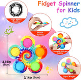 Colorful fidget spinner for kids with features and measurements.