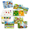 Set of children's educational books with animal, vegetables, and cars themes on a white background.