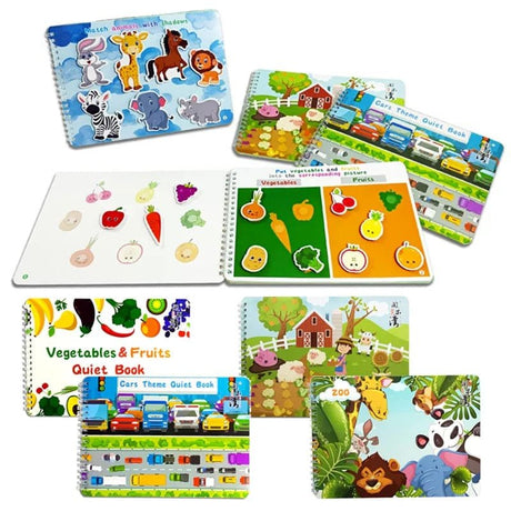 Set of children's educational books with animal, vegetables, and cars themes on a white background.