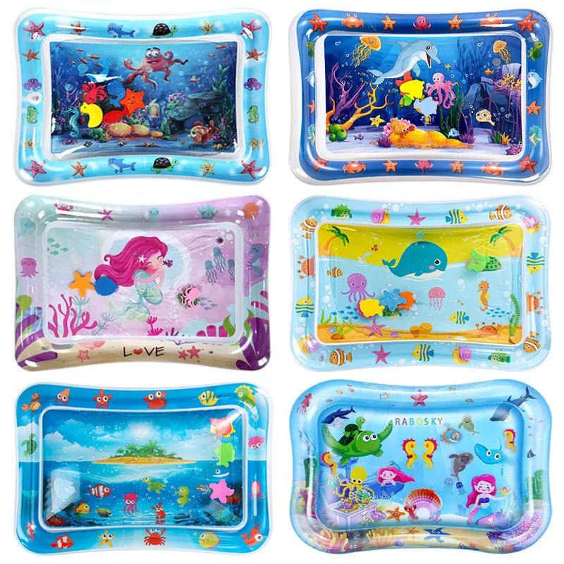 Set of inflatable water mats with underwater-themed designs.