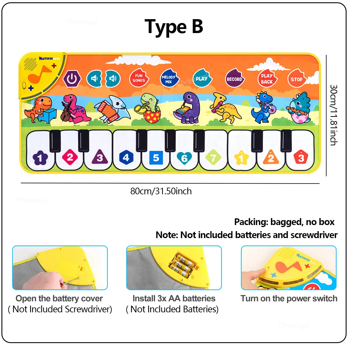 Children's toy piano mat with colorful design and keyboard layout on a white background.