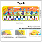 Children's toy piano mat with colorful design and keyboard layout on a white background.