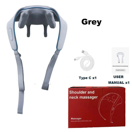 Gray shoulder and neck massager with packaging, cable, and user manual on a white background