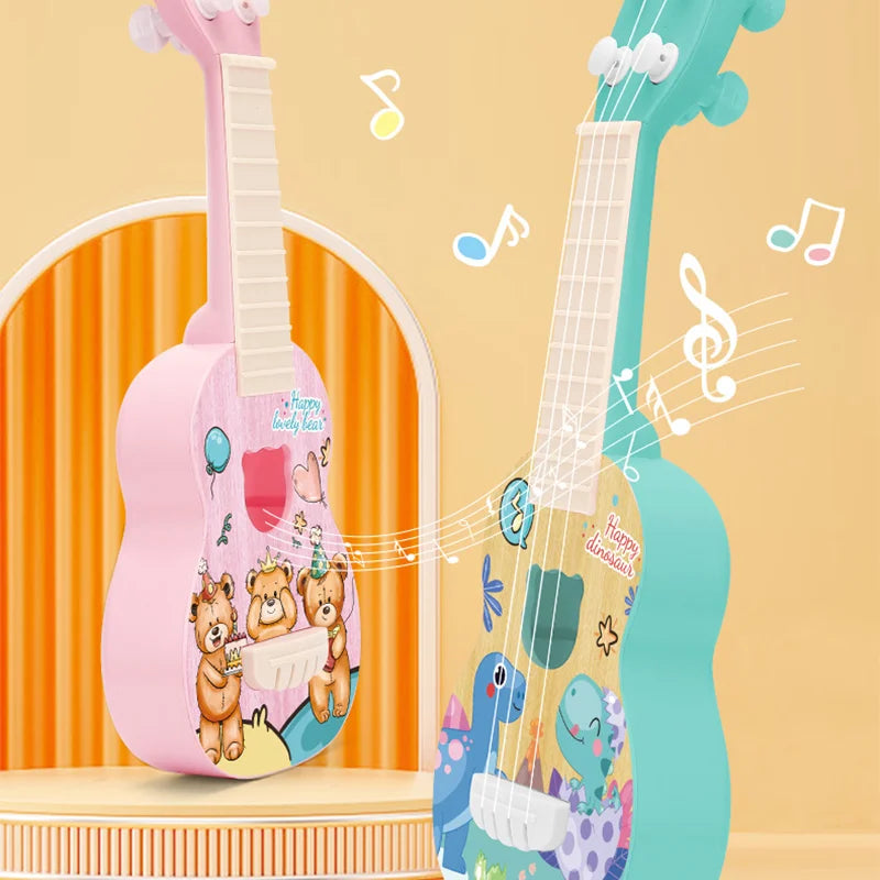 Two colorful toy guitars with cartoon designs on a yellow background