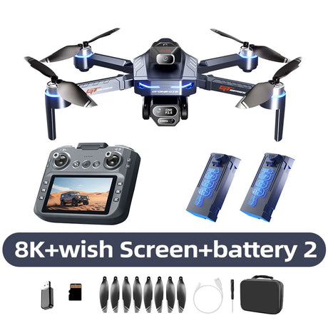 Drone with remote control, batteries, propellers, and accessories on a white background