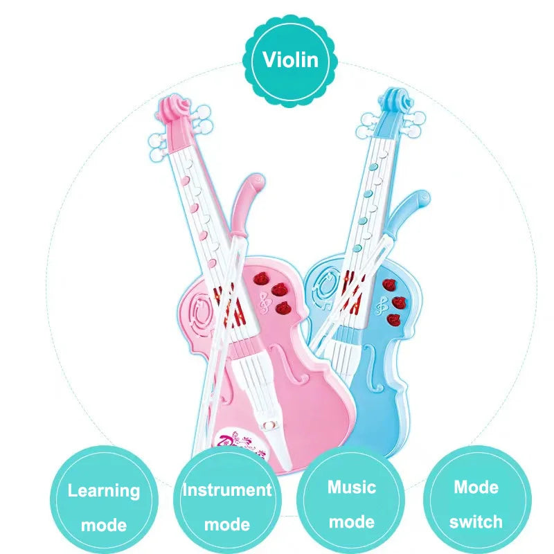 Toy violin set with pink and blue colors on a white background