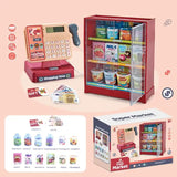 Toy supermarket set with cash register, shelves, and packaging on a pink background