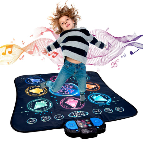 Child playing on a colorful dance mat with music notes in the background