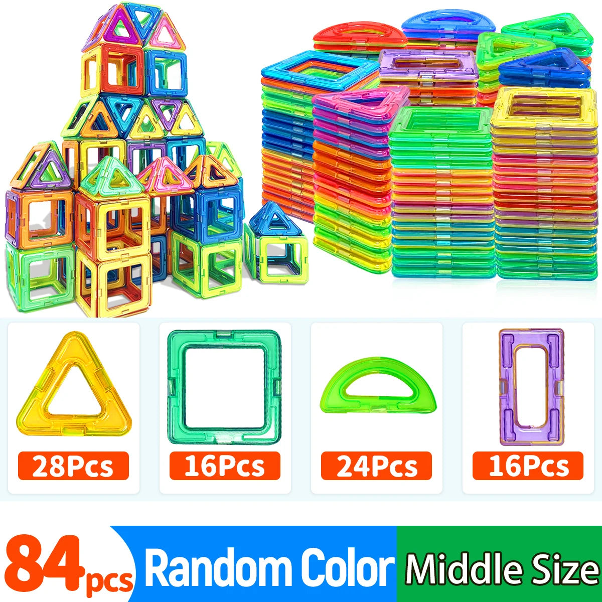 Colorful magnetic building blocks set with block types and quantities displayed.