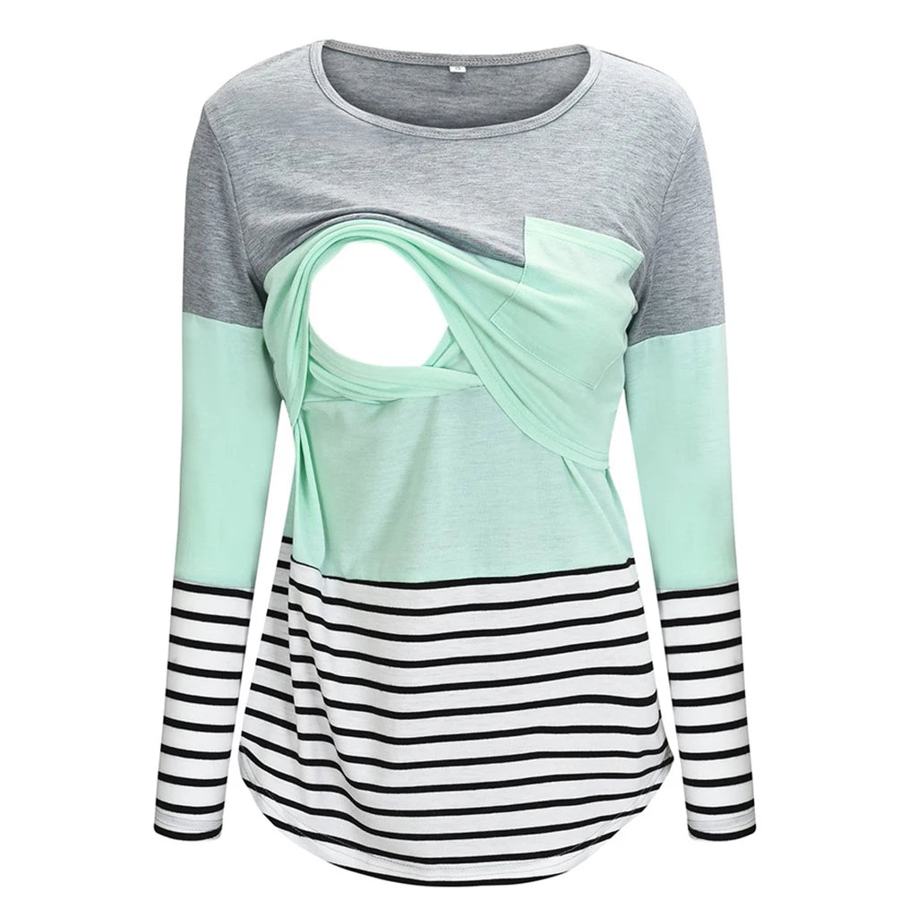 Long-sleeve top with gray and mint green color block and black and white striped bottom on a white background