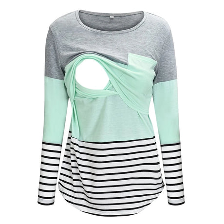 Long-sleeve top with gray and mint green color block and black and white striped bottom on a white background