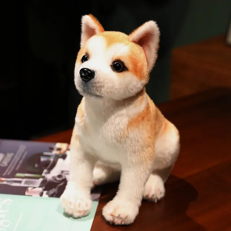 Stuffed dog toy on a wooden surface 