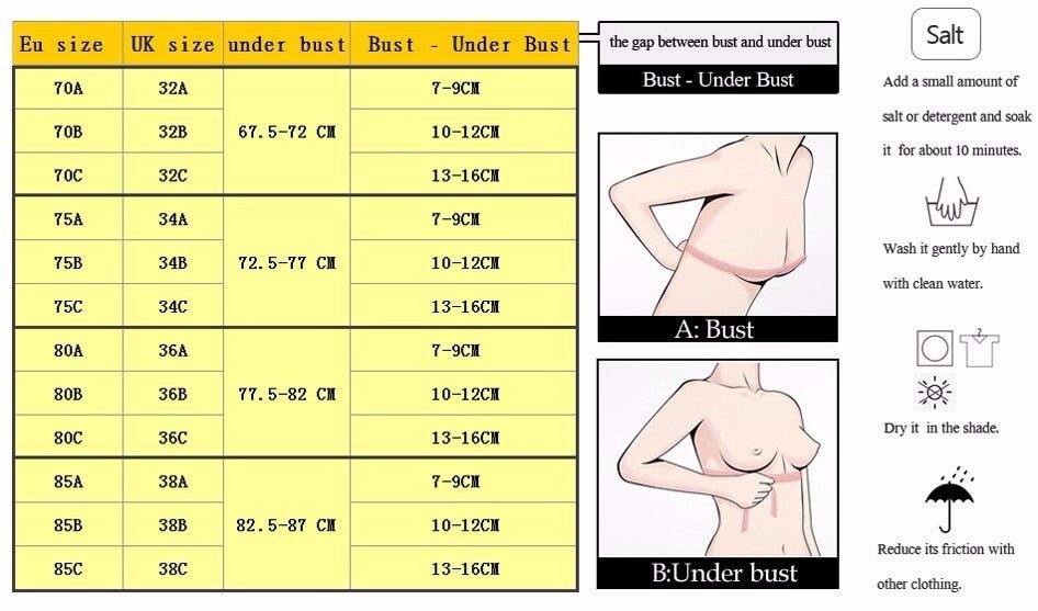 Size chart for bust and underbust with visual guidance on washing instructions.