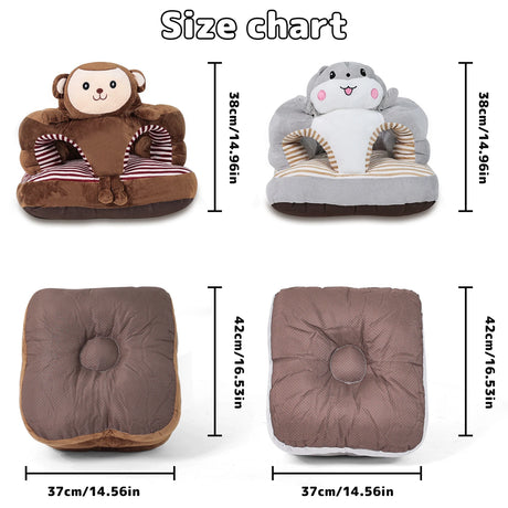Size chart of children's seaters with animal designs and dimensions.