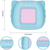 Small blue and pink device with dimensions and close-up views on a white background