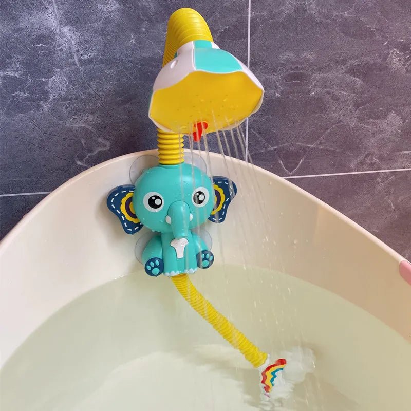 Colorful elephant bath toy with a shower head in a bathtub