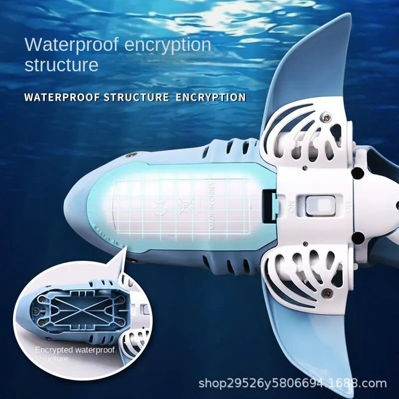 Underwater drone with shark fin design on a blue underwater background