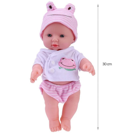 Toy doll with pink outfit and hat, standing on a white background with a measurement label.