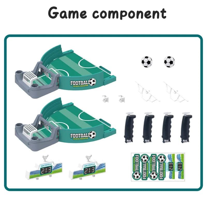 Toy football game components, including two miniature football pitches, soccer balls, goalkeepers, and scorekeepers.