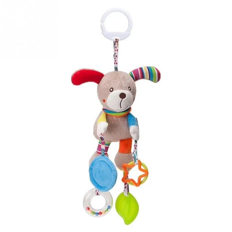 Children's toy with a plush dog character and colorful rings.