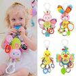 Child holding a colorful baby teether with butterfly design, surrounded by similar toys.