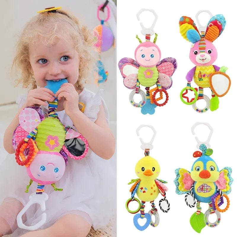 Child holding a colorful baby teether with butterfly design, surrounded by similar toys.