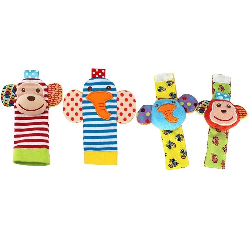 Set of colorful baby toys with monkey faces.