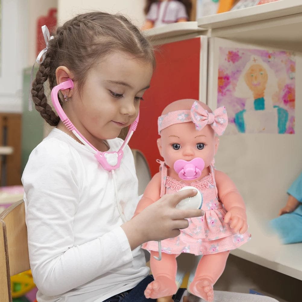Child playing with a doll wearing a pink outfit and pacifier in a room with colorful walls.