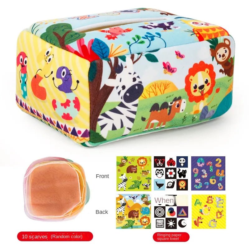 Colorful tissue box cover with animal patterns and a small sample of fabric.