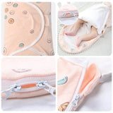 Collage of a baby wrap with buttons, zippers, and a close-up of a baby's foot.