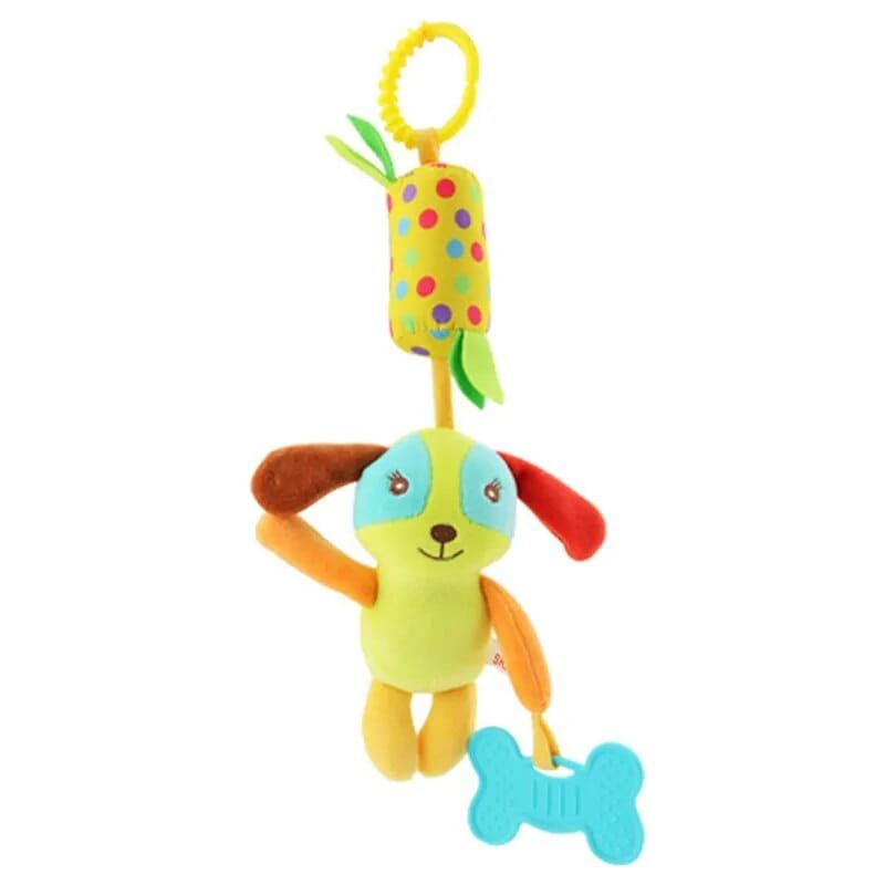 Colorful plush toy with a dog design and bone-shaped tag.