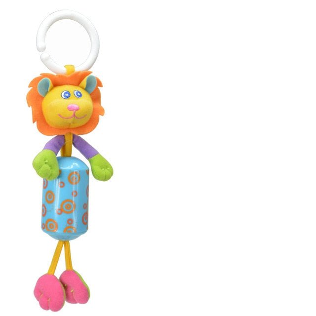 Colorful lion-shaped baby toy with a blue rattle.