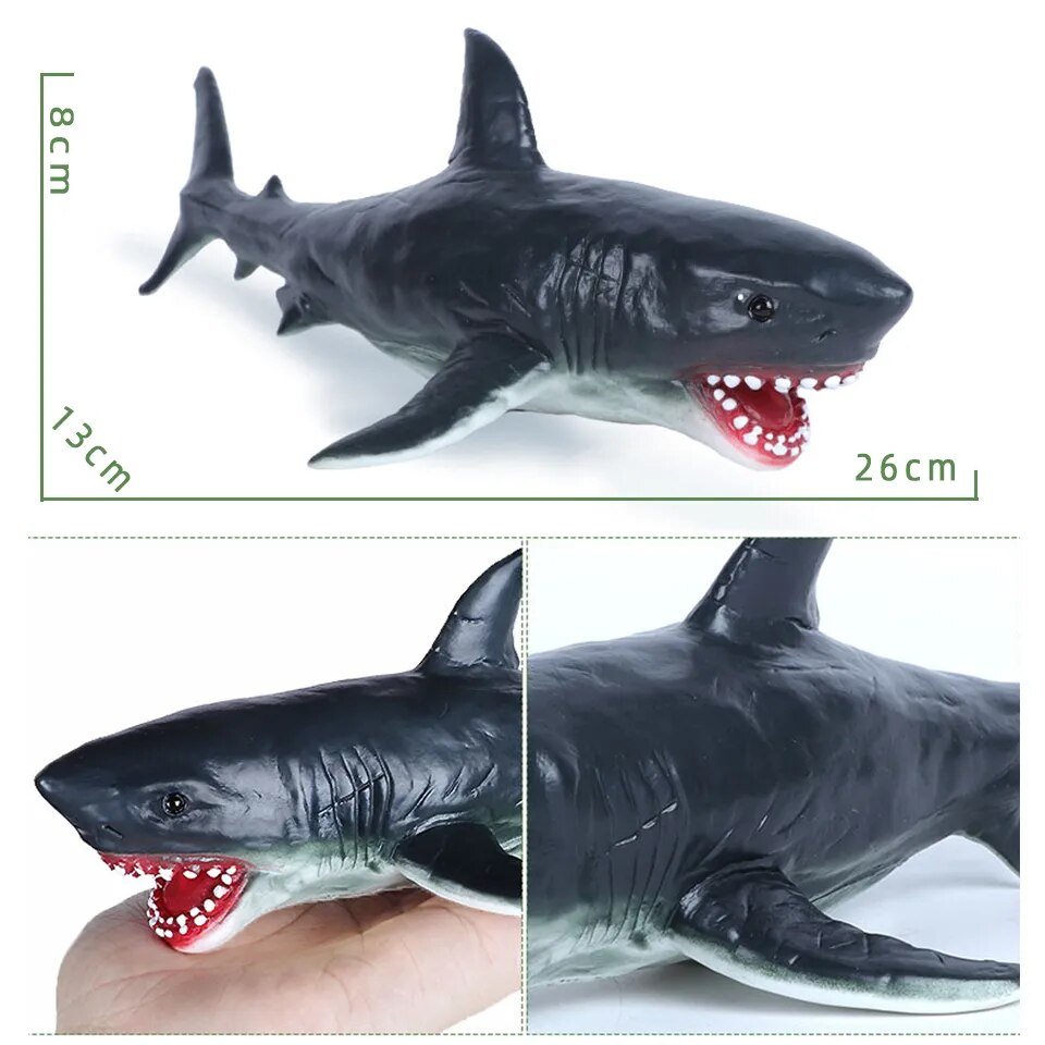 Shark toy with measurements on a white background