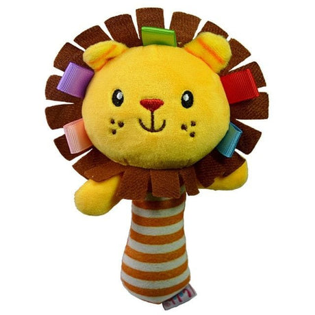 Plush lion toy with colorful ribbons