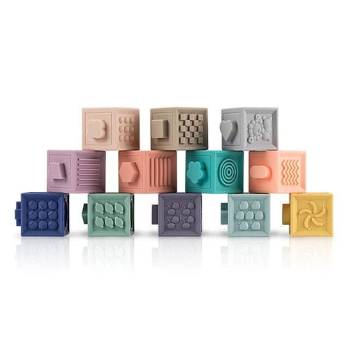 Set of colorful silicone baby blocks.